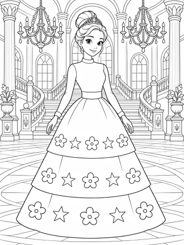 Princesa con moño alto y tiara, vestido de cuello alto y manga larga y falda de tres pisos con flores y estrellas, en un salón de baile con dos lámparas de araña, columnas y una escalinata doble
