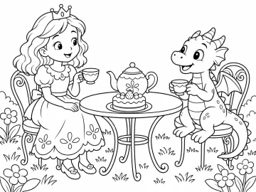 Princesa de melena ondulada con corona y un dragón pequeño con cuernos y alas, sentados en sillas de hierro a una mesa redonda de jardín con una tetera, dos tazas y un pastel