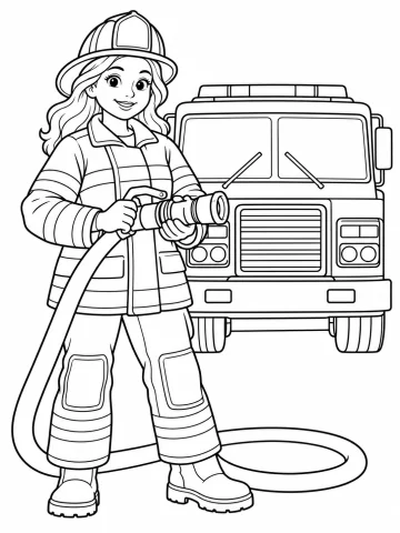 Bombera sonriente con casco, chaquetón y pantalón con bandas reflectantes y botas, que sujeta la boquilla de una manguera delante del frente de un camión de bomberos