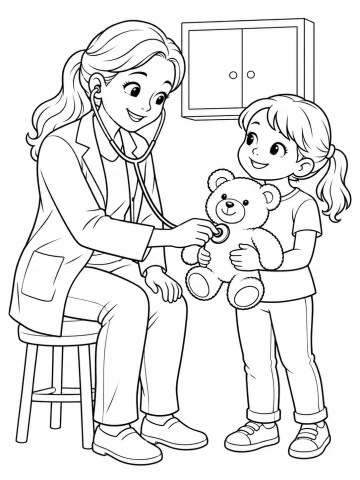 Doctora con bata, sentada en un taburete, que apoya el estetoscopio en el pecho de un osito de peluche que sostiene una niña con coleta, en una consulta con un armario en la pared