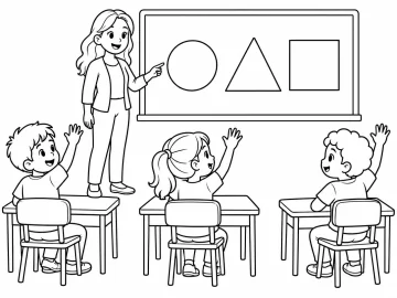 Maestra que señala una pizarra con un círculo, un triángulo y un cuadrado dibujados, ante tres alumnos sentados en sus pupitres, de espaldas, que levantan la mano