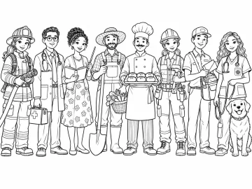 Ocho personas en fila con su ropa de trabajo: bombera con manguera, médico con maletín, maestra con libro, agricultor con pala, panadero, obrera con martillo, cartero y veterinaria con un perro