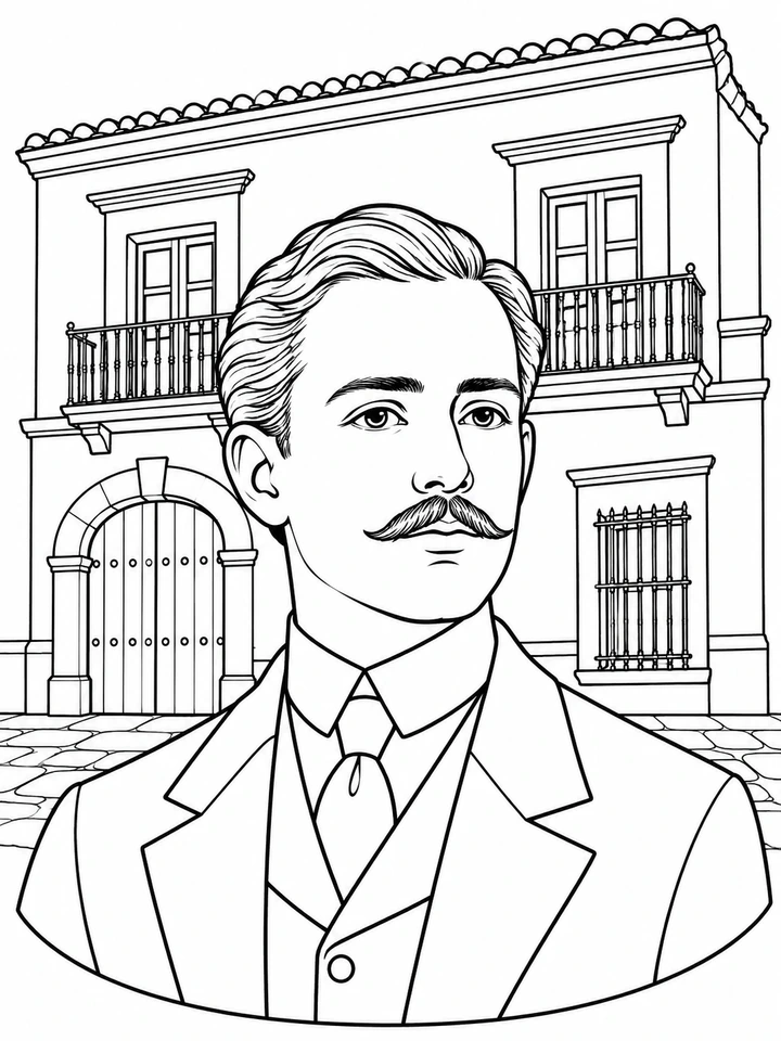 Retrato ilustrado de Aquiles Serdán para colorear, en línea negra sobre fondo blanco