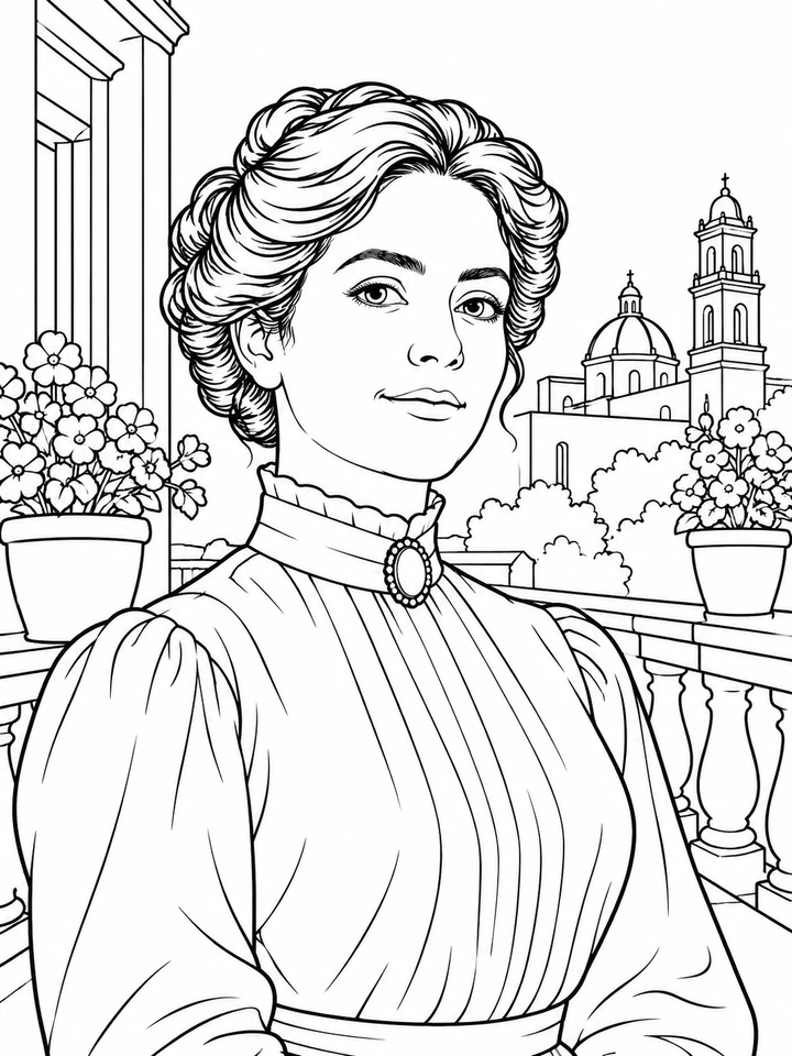 Retrato ilustrado de Carmen Serdán para colorear, en línea negra sobre fondo blanco