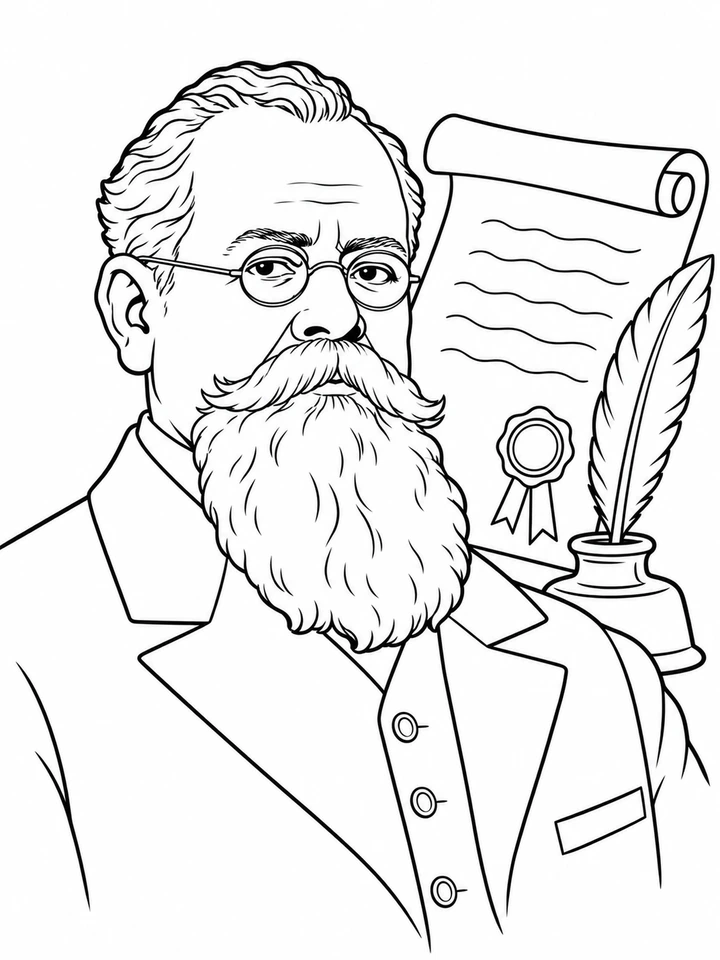 Retrato ilustrado de Venustiano Carranza para colorear, en línea negra sobre fondo blanco