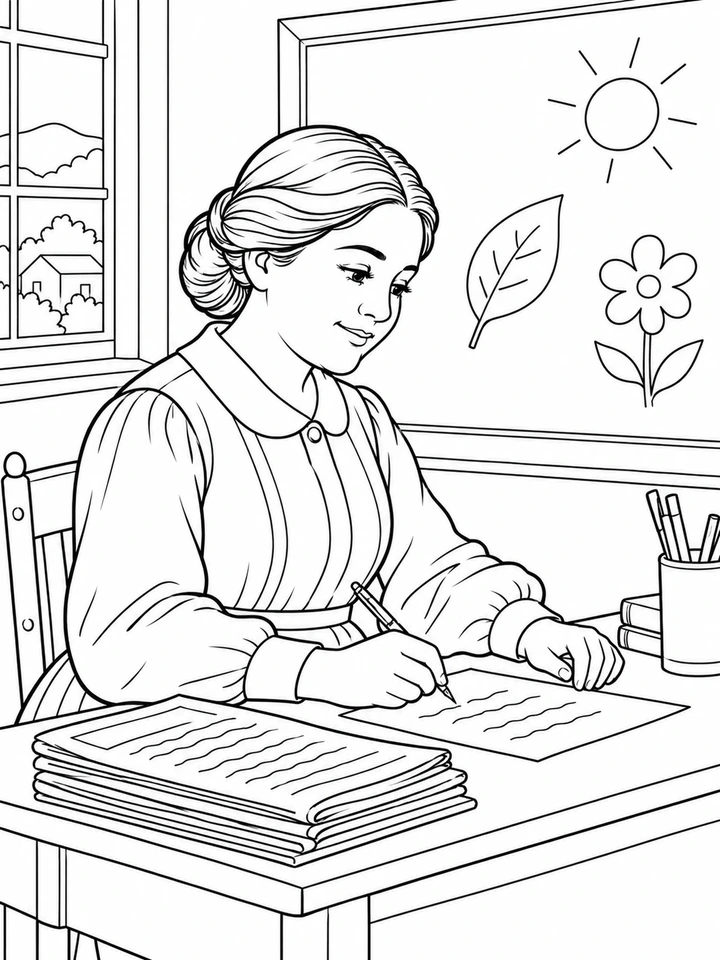 Retrato ilustrado de Elisa Acuña Rossetti para colorear, en línea negra sobre fondo blanco