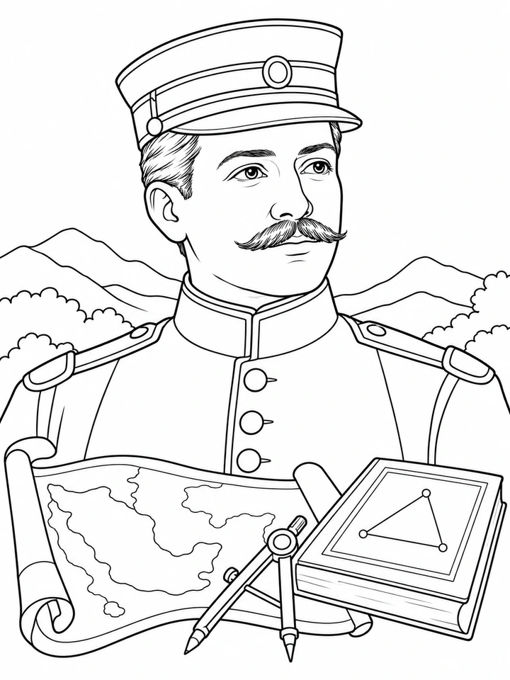 Retrato ilustrado de Felipe Ángeles para colorear, en línea negra sobre fondo blanco