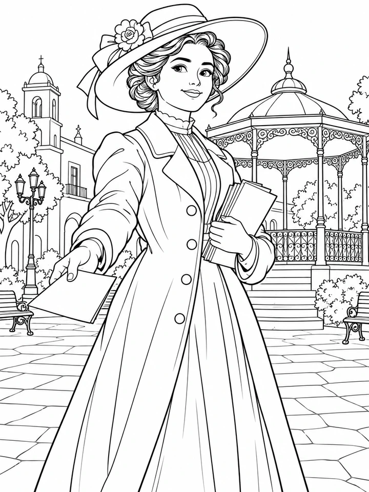Retrato ilustrado de Hermila Galindo para colorear, en línea negra sobre fondo blanco