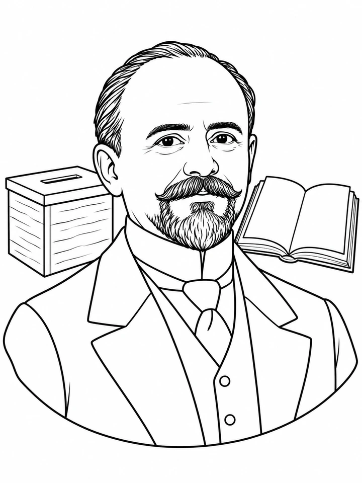 Retrato ilustrado de Francisco I. Madero para colorear, en línea negra sobre fondo blanco