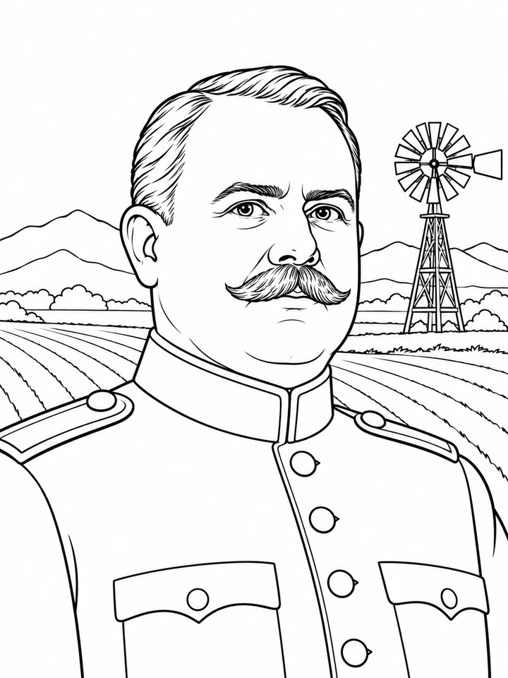 Retrato ilustrado de Álvaro Obregón para colorear, en línea negra sobre fondo blanco