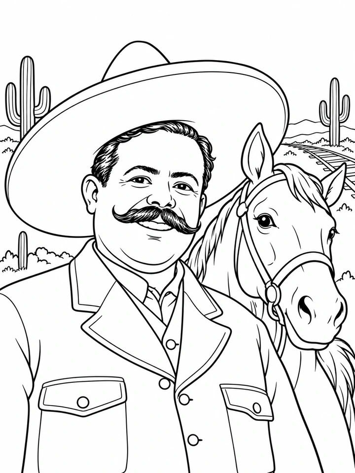 Retrato ilustrado de Francisco Villa para colorear, en línea negra sobre fondo blanco