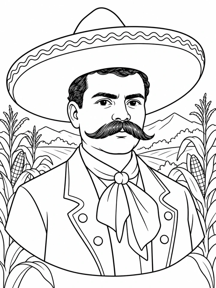 Retrato ilustrado de Emiliano Zapata para colorear, en línea negra sobre fondo blanco