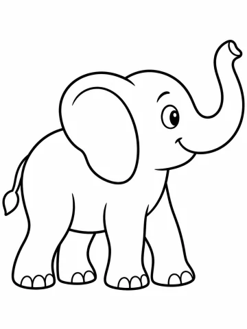 Elefante sonriente de pie y de perfil, con una oreja enorme, la trompa levantada en forma de ese y una cola corta con mechón