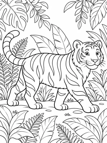 Tigre que camina hacia la derecha entre hojas grandes y helechos, con el cuerpo cubierto de rayas, la cola a franjas levantada y la cara vuelta hacia quien mira