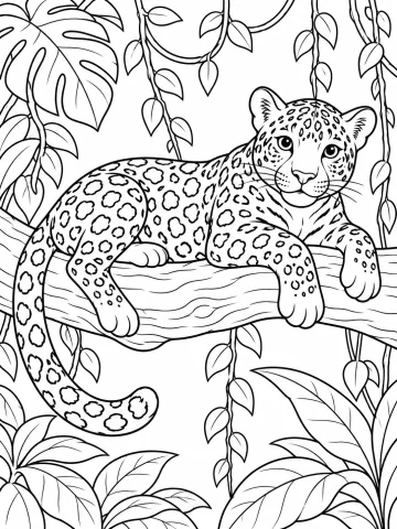 Jaguar de pelaje con rosetas tumbado sobre una rama gruesa, con las patas y la cola colgando, entre lianas y hojas grandes de selva