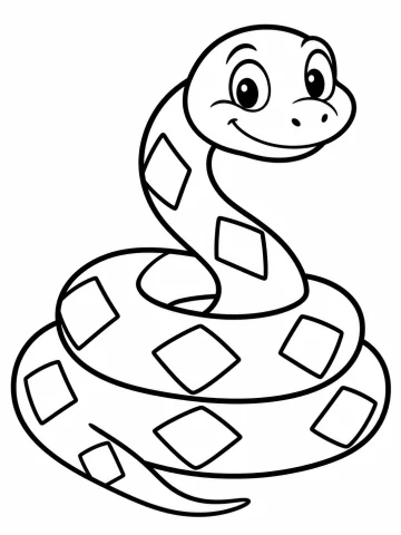 Serpiente sonriente enroscada en espiral, con la cabeza levantada, los ojos grandes y una fila de rombos a lo largo del cuerpo
