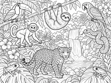 Selva tropical con cascada y ocho animales: un jaguar, un mono, un perezoso colgado de una rama, un tucán, un guacamayo, una serpiente y dos ranas, entre hojas gigantes y flores