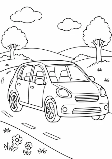 Un coche (carro) pequeño de cinco puertas visto de tres cuartos. Los asientos, que se ven a través de las ventanillas