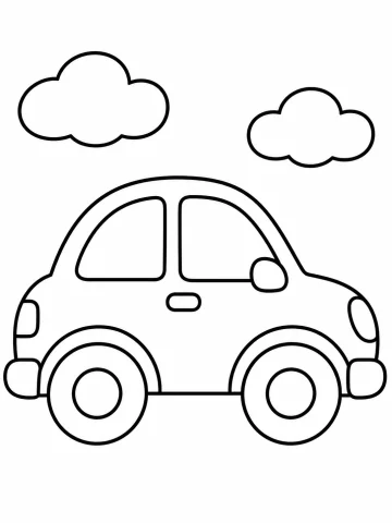 Carro pequeño de formas redondas visto de lado, con dos ventanillas, dos ruedas, espejo, faros y parachoques, bajo dos nubes