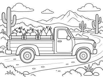 Camioneta de carga con tres cajas de madera llenas de manzanas, naranjas y peras, en un camino de tierra entre cactus altos, arbustos y montañas