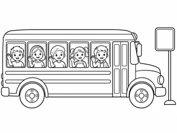 Autobús escolar visto de lado, con cinco niños y niñas que saludan con la mano desde las ventanillas, parado junto al poste de una parada con el cartel en blanco