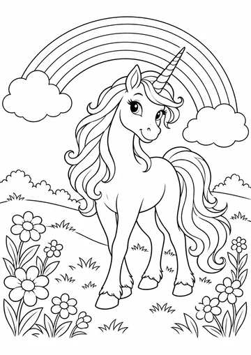 Un unicornio de pie, de cuerpo entero, con el cuerno en espiral. Crin y cola muy largas, con mechones ondulados