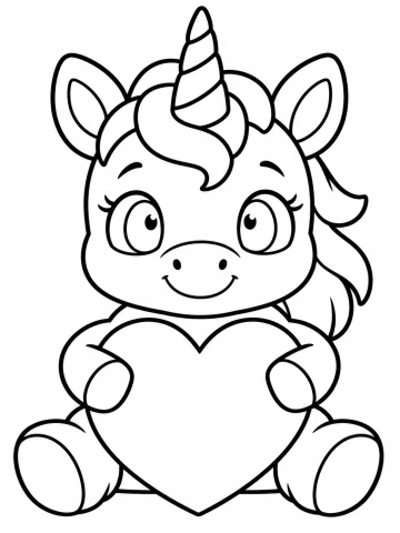 Unicornio bebé sentado de frente, con cuerno en espiral, ojos grandes y flequillo rizado, que abraza un corazón más grande que su cuerpo