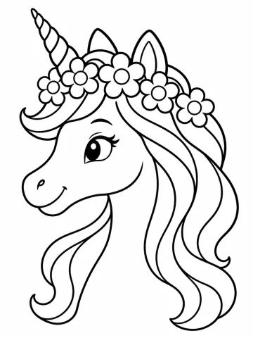 Cabeza y cuello de un unicornio de perfil, con cuerno en espiral, una corona de cinco flores y una crin larga y ondulada que cae en mechones