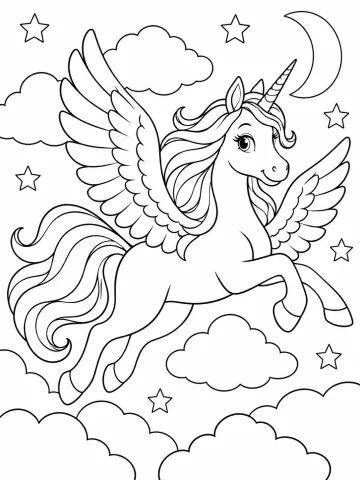 Unicornio con dos alas de plumas que salta entre nubes, con la crin y la cola al viento, bajo una luna creciente y siete estrellas