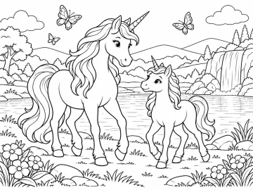 Unicornio adulto y su cría caminando por la orilla de un lago con una cascada entre rocas, tres mariposas, árboles, colinas y flores