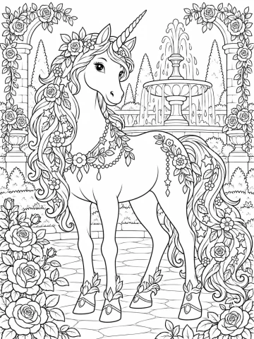 Unicornio de pie en un jardín, con rosas, estrellas y hojas en la crin y la cola, un collar de flores, una fuente de dos pisos y arcos de rosales