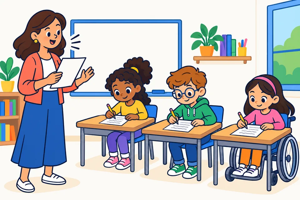 Ilustración: una maestra lee en voz alta una hoja mientras tres niños escriben en sus pupitres sobre hojas con renglones; una de las niñas va en silla de ruedas.