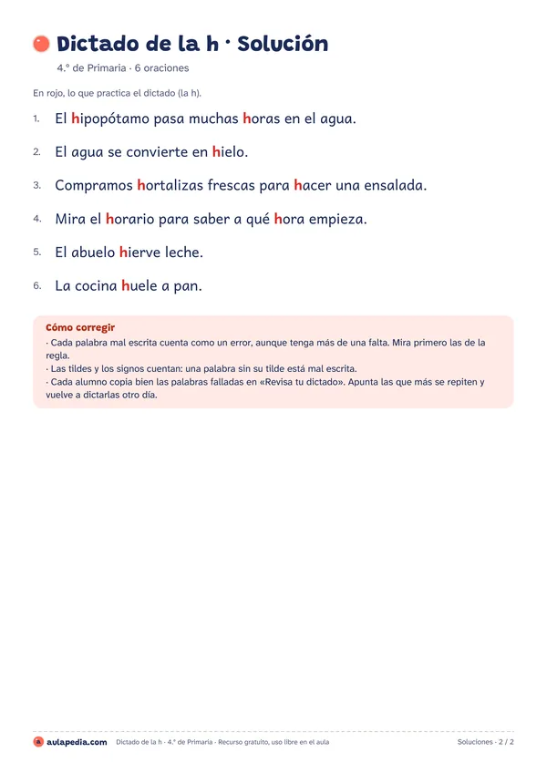 Solución del dictado: las mismas oraciones bien escritas, con las haches en rojo y subrayadas, y el recuadro «Cómo corregir».