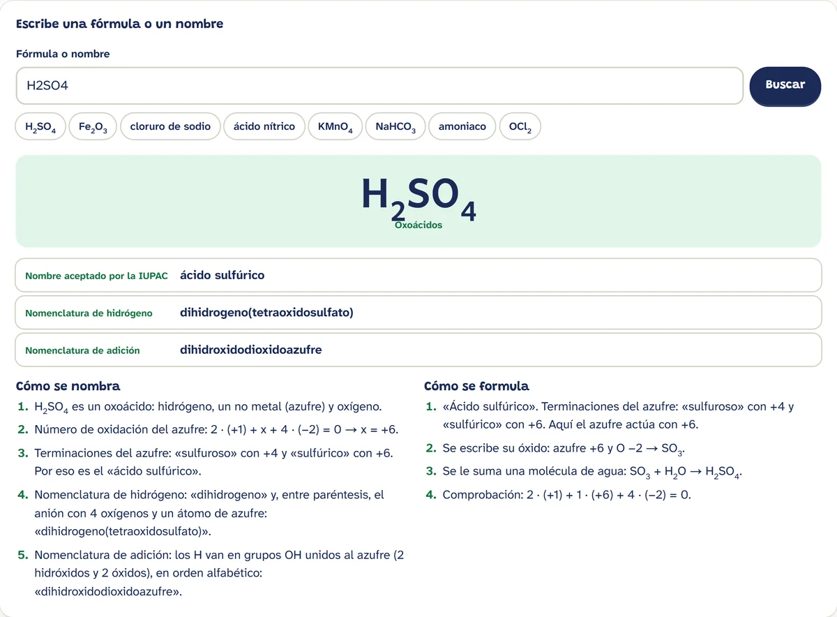Consulta del compuesto H₂SO₄, un oxoácido: sus tres nombres (ácido sulfúrico, dihidrogeno(tetraoxidosulfato) y dihidroxidodioxidoazufre) y, en dos columnas, los pasos para nombrarlo, con el número de oxidación del azufre (+6), y para formularlo a partir del SO₃ y el agua.