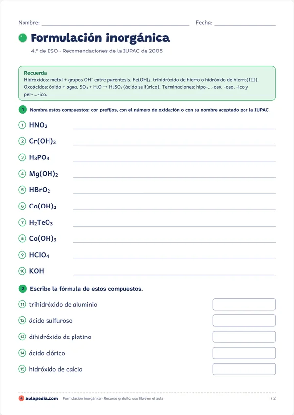 Ficha de formulación inorgánica de 4.º de ESO con hidróxidos y oxoácidos: recuadro «Recuerda» con la regla de cada tipo, diez fórmulas para nombrar (como HNO₂, Cr(OH)₃ o H₃PO₄) con su renglón y cinco nombres para escribir la fórmula en una casilla.
