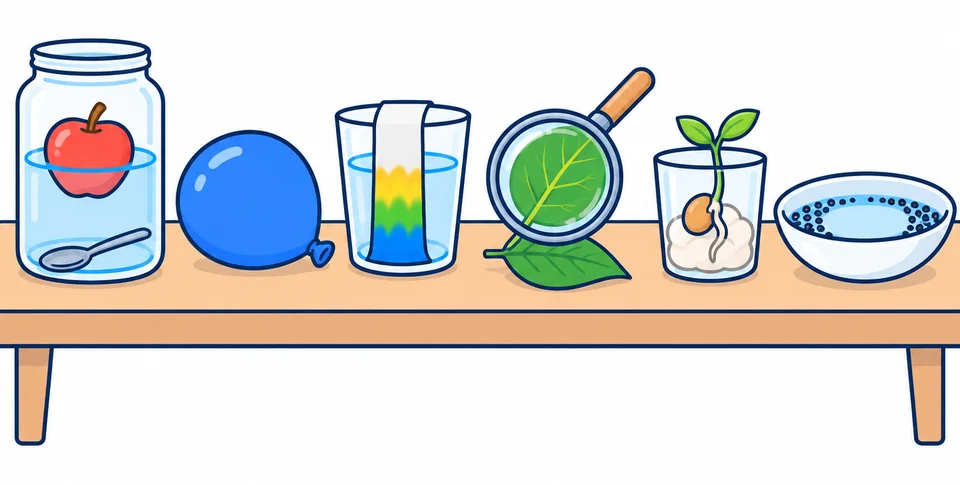 Mesa con seis experimentos caseros: una manzana flotando en un tarro, un globo, un vaso con una tira de papel de colores, una lupa sobre una hoja, una semilla germinada y un cuenco con pimienta