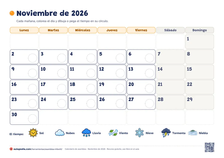 Calendario de asamblea de noviembre de 2026 en horizontal: los días de lunes a domingo con un círculo de puntos en cada día de diario para dibujar el tiempo y, abajo, la leyenda con los dibujos del sol, las nubes, la lluvia, el viento, la nieve, la tormenta y la niebla.