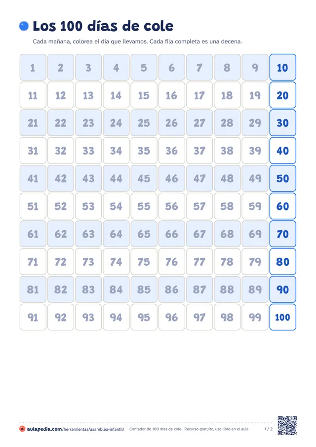 Tabla «Los 100 días de cole» con los números del 1 al 100 en diez filas, la última casilla de cada fila resaltada en azul para marcar las decenas.