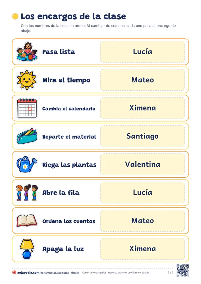 Cartel «Los encargos de la clase» con ocho filas: pasa lista, mira el tiempo, cambia el calendario, reparte el material, riega las plantas, abre la fila, ordena los cuentos y apaga la luz, cada una con su dibujo y un nombre de ejemplo al lado.