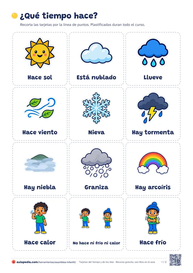 Doce tarjetas para recortar, cada una con su dibujo y su frase: «Hace sol», «Está nublado», «Llueve», «Hace viento», «Nieva», «Hay tormenta», «Hay niebla», «Graniza», «Hay arcoíris», «Hace calor», «No hace ni frío ni calor» y «Hace frío».