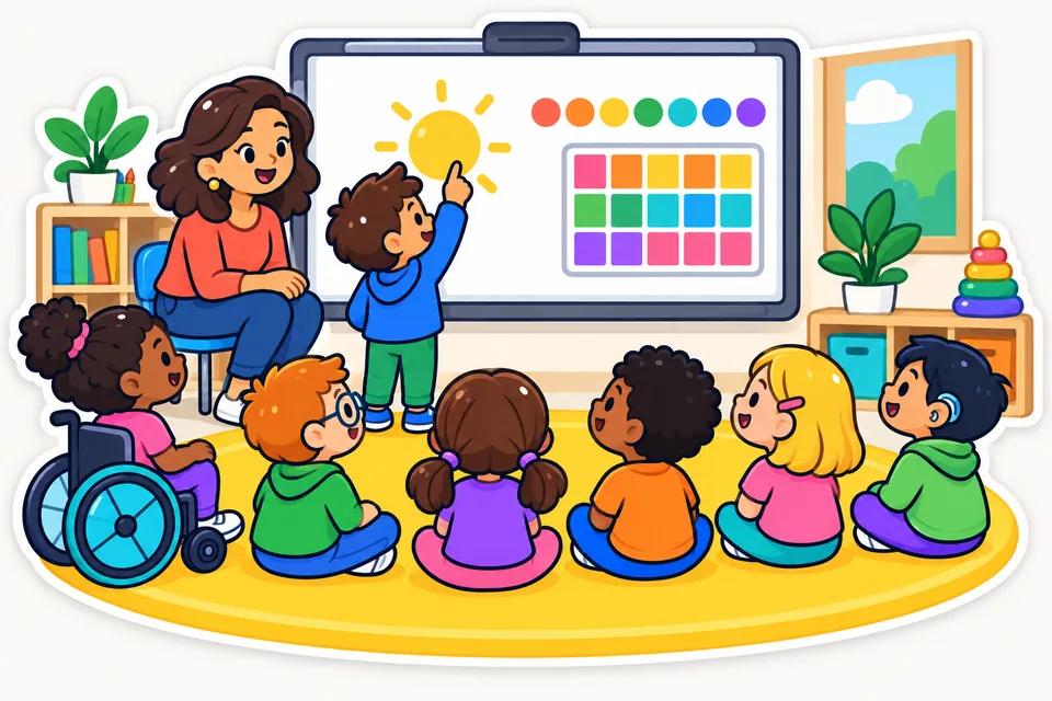 Ilustración: una clase de Infantil sentada en una alfombra amarilla frente a la pizarra digital; un niño toca el sol en la pantalla y la maestra, sentada en una silla baja, sonríe. Una niña va en silla de ruedas, un niño lleva gafas y otro, un audífono.