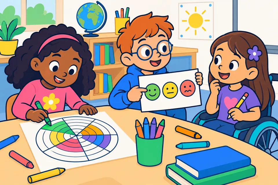 Ilustración: tres niños en una mesa de clase. Una niña colorea una diana de evaluación dividida en sectores de colores; un niño con gafas enseña a su compañera una hoja con tres caritas y señala la sonriente; una niña en silla de ruedas escucha con un lápiz en la mano.