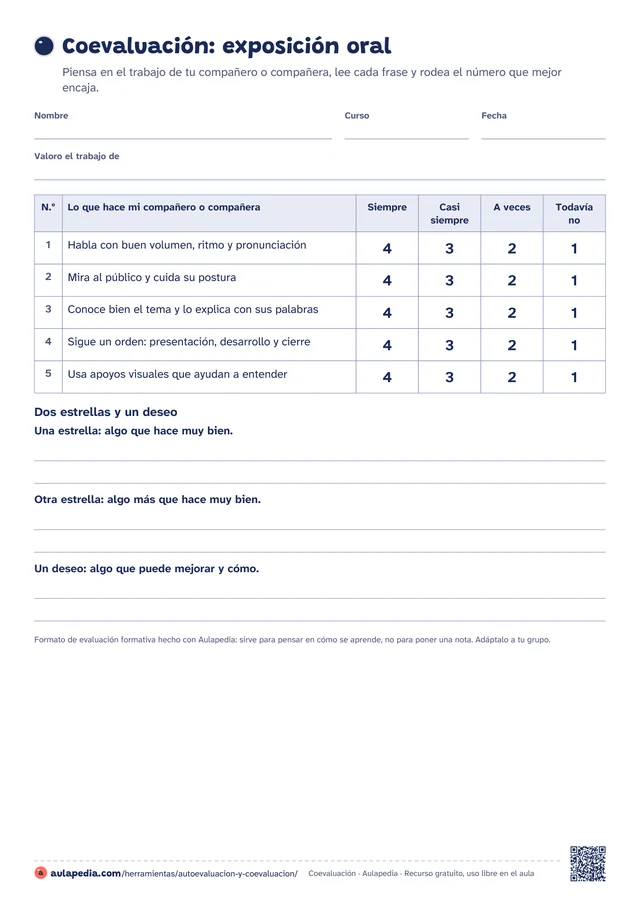 Coevaluación de una exposición oral para Primaria de 4.º a 6.º: cinco criterios en tercera persona («Habla con buen volumen, ritmo y pronunciación», «Mira al público y cuida su postura»…) con los números del 4 al 1 para rodear y, debajo, «Dos estrellas y un deseo» con renglones.