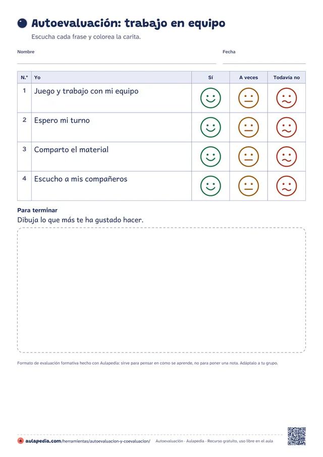 Formato de autoevaluación de Infantil sobre el trabajo en equipo: cuatro frases cortas («Juego y trabajo con mi equipo», «Espero mi turno», «Comparto el material» y «Escucho a mis compañeros») con tres caritas para colorear en cada una (sí, a veces y todavía no) y, abajo, un recuadro para dibujar.