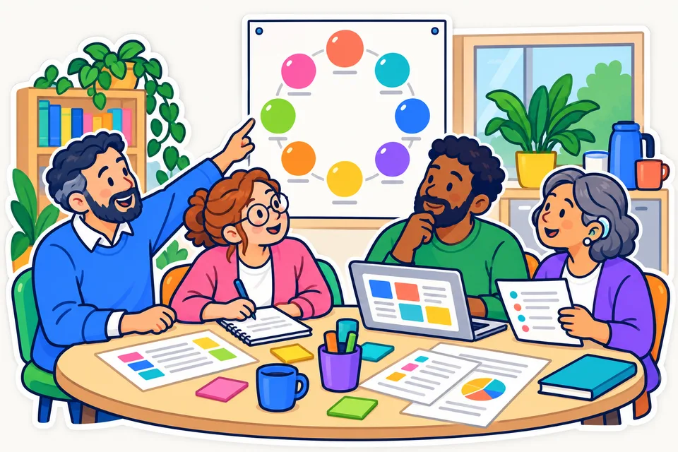 Ilustración: cuatro docentes programan juntos alrededor de una mesa redonda; uno señala un póster con ocho gomets de colores colocados en círculo, una compañera toma notas y otra, con audífono, lee una hoja.