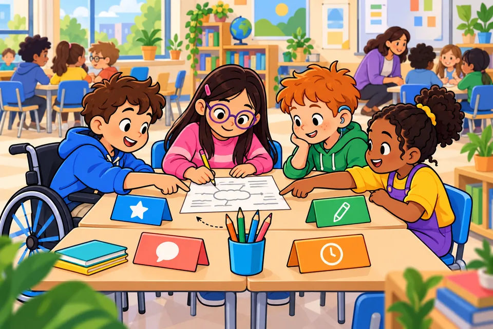 Ilustración: cuatro alumnos trabajan juntos en una mesa; una niña con gafas escribe en una hoja que se pasan por turnos mientras un niño en silla de ruedas, un niño con audífono y una niña la ayudan señalando. Delante de cada uno hay una tarjeta de rol de un color y, en el centro, un bote con lápices.