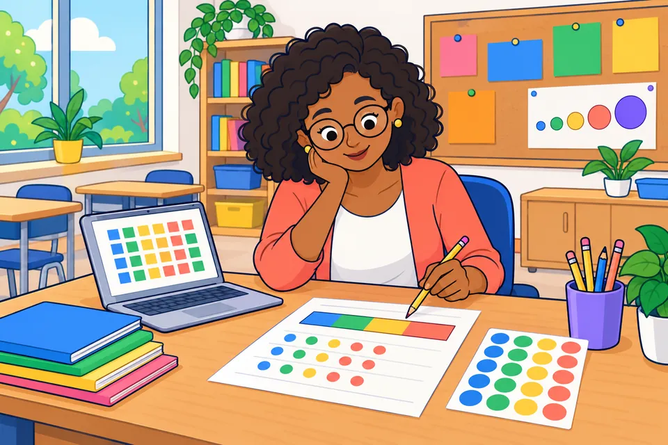 Ilustración: en un aula vacía, una maestra de pelo rizado y gafas redondas repasa en su mesa una hoja con una barra de cuatro colores de distinto ancho y filas de puntos de colores; a su lado, un portátil con una cuadrícula de cuadrados de colores, una pila de cuadernos, un bote de lápices y una hoja de gomets.