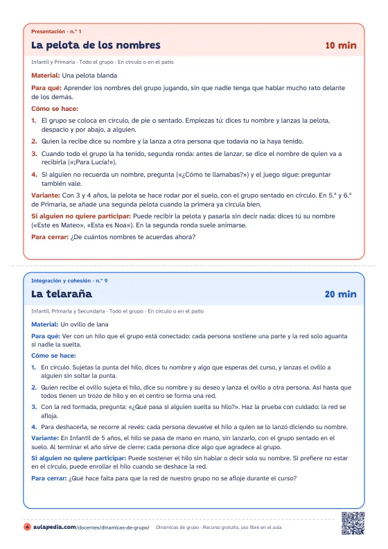 Hoja A4 con dos tarjetas de dinámicas, una encima de otra y separadas por una línea de corte: «La pelota de los nombres» (presentación, 10 minutos) y «La telaraña» (integración y cohesión, 20 minutos), cada una con su material, para qué, los pasos numerados, la variante y qué hacer si alguien no quiere participar.