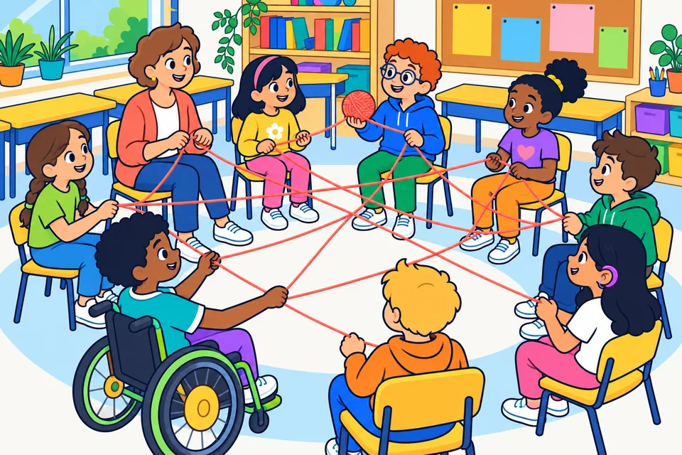 Ilustración: ocho niños y niñas y su maestra, sentados en círculo en un aula con las mesas apartadas, juegan a la telaraña: un ovillo de lana coral pasa de mano en mano y el hilo forma una red en el centro. Un niño en silla de ruedas y una niña con audífono forman parte del círculo.