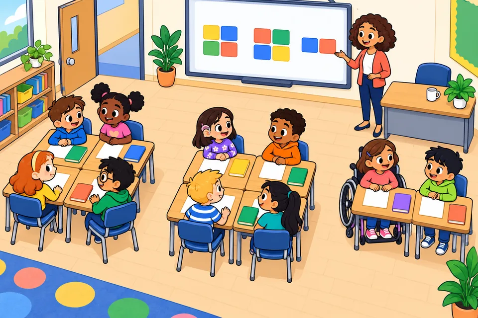 Ilustración: un aula vista desde arriba con las mesas en dos islas de cuatro y una pareja; niñas y niños sentados, entre ellos una niña en silla de ruedas, un niño con gafas y una niña con audífono. La maestra señala la pizarra digital, que enseña el plano de la clase dibujado con rectángulos de colores.